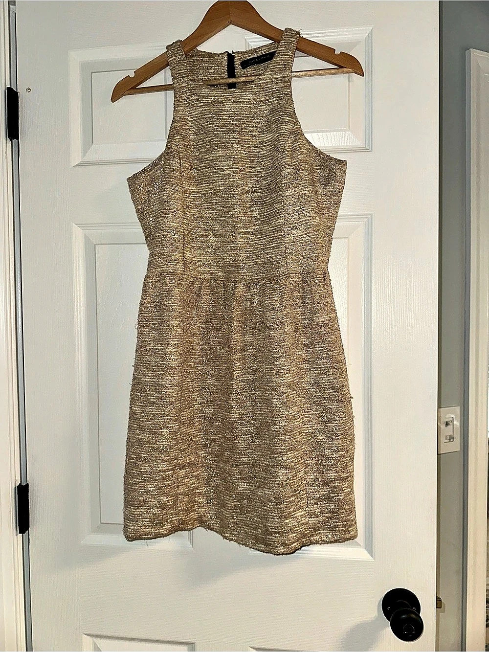 Zara Woman Textured Mini Dress in Gold & White Size Medium
